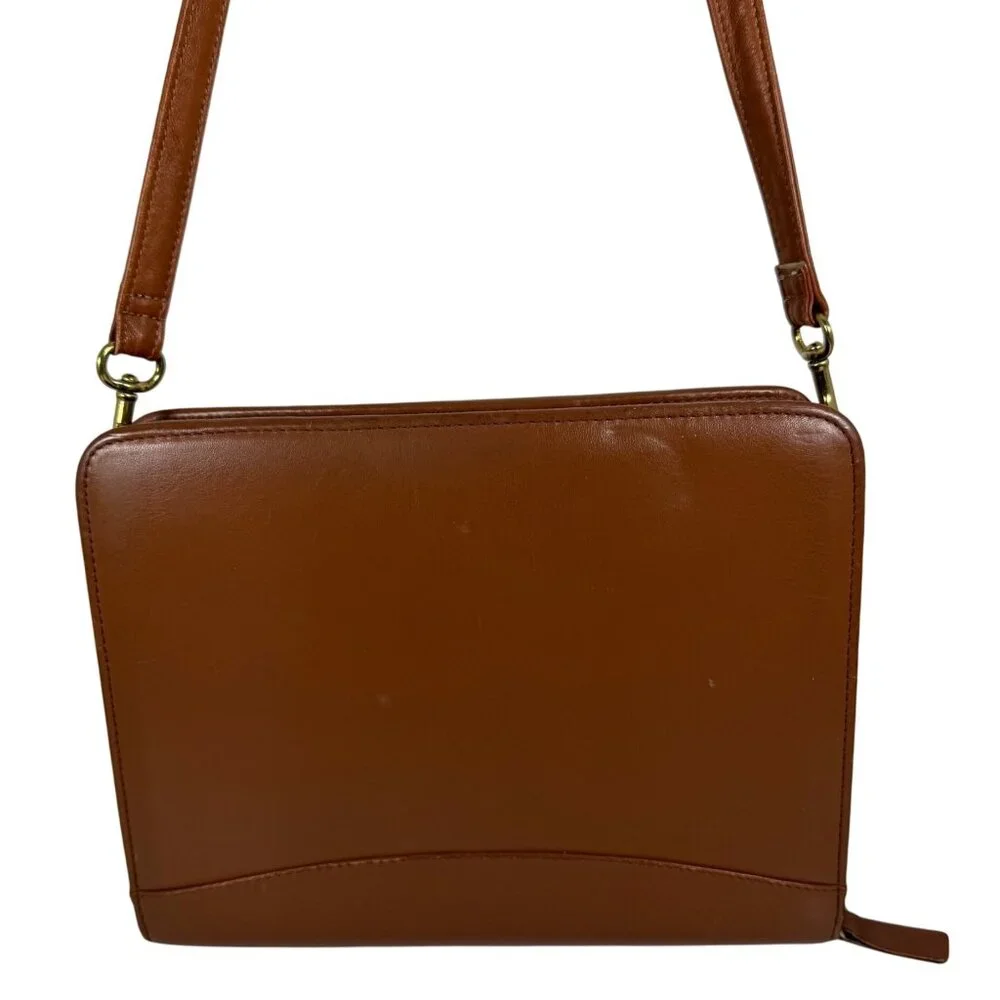 1990s FRANKLIN COVEY Crossbody Brown Leather Zip Around 7-Ring Planner 12215 USA